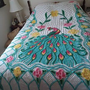 Stunning Vintage Vibrant Color Chenille Peacock Bed Spread 1950s